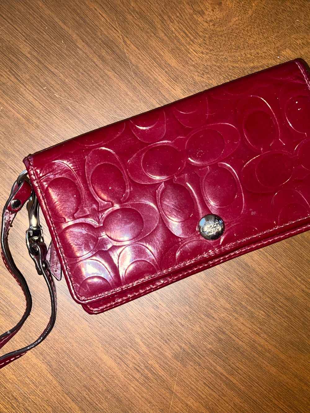 Coach Deep Red Patent Leather Signature Wristlet Wallet